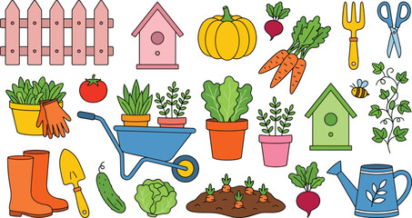 Colorful garden illustration set with vegetables tools pots birdhouses watering can wheelbarrow plants cute flat design for spring farming graphics
