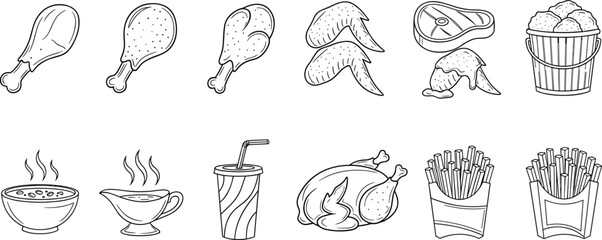 Set of black and white line art icons featuring fried chicken drumsticks wings french fries soda and gravy for restaurant menus © Its' Lima