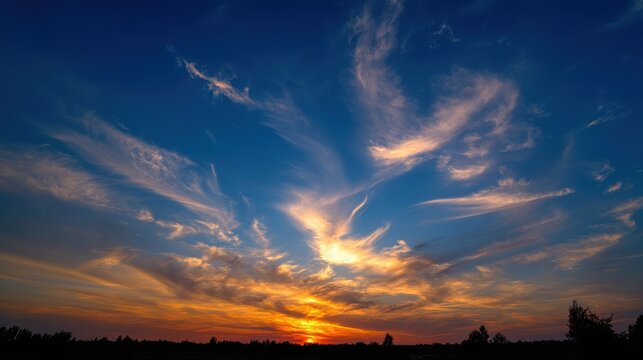 Dramatic sunset sky with wispy clouds over a silhouetted landscape