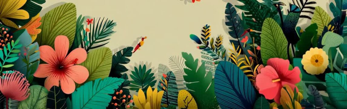 Vibrant tropical floral border featuring lush leaves and bright hibiscus blooms on beige background