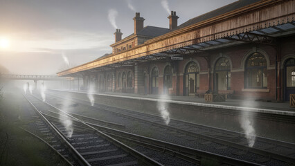 Obraz premium Misty Morning View of an Old Victorian Train Station Platform