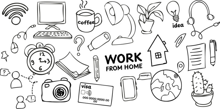 Hand drawn work from home doodle illustration with computer, coffee, wifi, desk lamp, documents, alarm clock, camera, plants and remote work elements. Black and white line art.