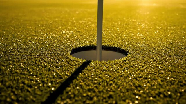 Golf course flagstick and hole on green grass at night