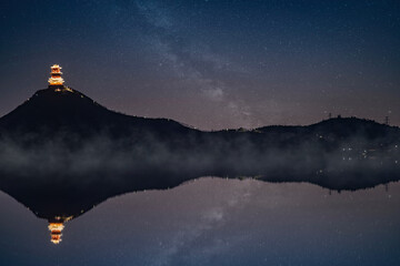 Ancient Pagoda Under Stars, Misty Mountain Lake Reflection at Night