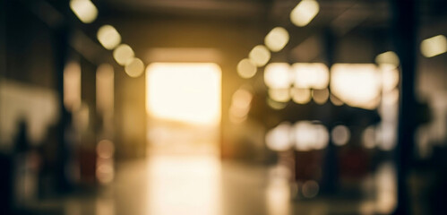 Blurry interior view of a workshop with bright light at the exit showing depth perspective, industrial atmosphere, contrast lighting, and a sense of space and transition
