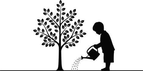 Silhouette of a Young Boy Watering a Growing Tree for Environmental Education and Nature Conservation, CAD Drawing Flat Vector Illustration