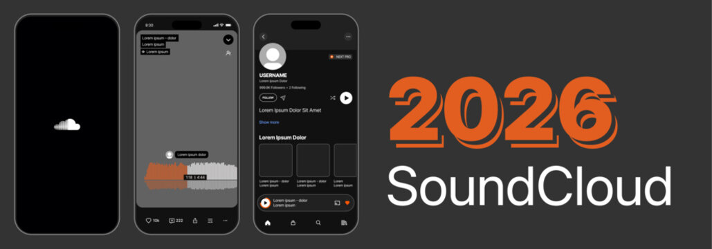 SoundCloud Mobile App Interface Mockup, Music Player, Audio Waveform and Profile UI on iPhone 2026