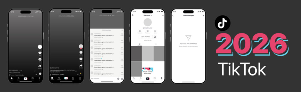 TikTok App Interface Mockup, Profile Page, Feed and Search UI on iPhone 2026