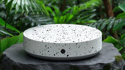 White speckled disc on a rock, surrounded by lush foliage
