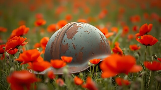 infamy. A rusted steel helmet among red poppies in a field. event programs, museum guides, cultural reports, designed for cultural heritage projects and event programs, used by retail merchandisers.

