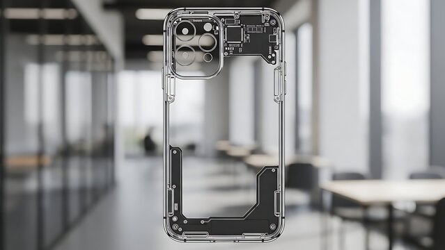 Innovative clear smartphone case displaying intricate internal circuitry. - Powered by Adobe