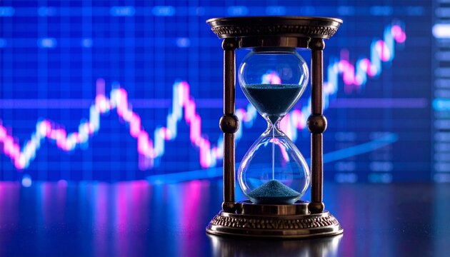 Hourglass with blue sand in front of rising stock chart showing candlestick patterns and financial growth - Powered by Adobe