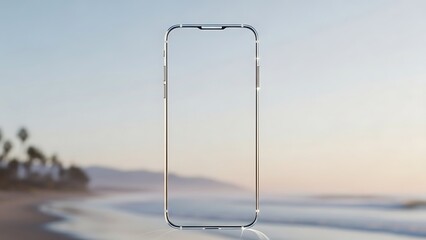 Minimalist smartphone frame against a serene beach background at sunset.