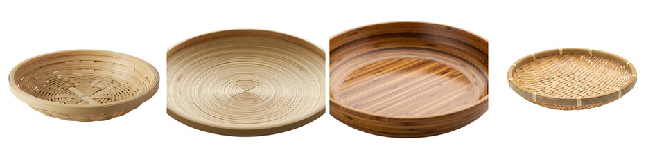 Obraz premium Four round bamboo containers are arranged horizontally on a white background showcasing different styles of weaving and finishes