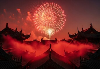 A beautiful Chinese New Year celebration features colorful pyrotechnics and a festive display of fireworks exploding over the city river with vibrant reflections on the water during the holiday night 