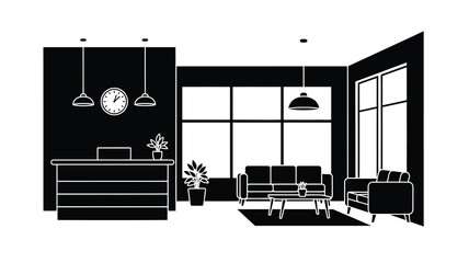 Modern interior with reception desk seating and large windows silhouette