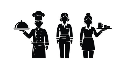Restaurant staff in black chef waitress and server a silhouette