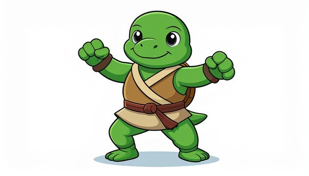 Cartoon turtle character in martial arts pose, ready for action and combat training.