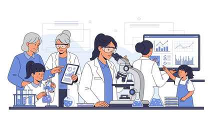Illustration of diverse group of women and girls in a science lab for Women and Girls in Science Day, showcasing educational and collaborative activities.