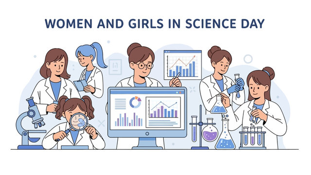 Illustration of diverse group of women in lab coats working with science equipment and computers on Women and Girls in Science Day. - Powered by Adobe