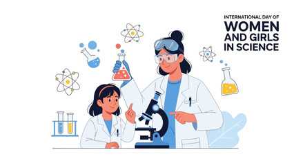 Illustration of a woman and a girl in lab coats using a microscope and test tubes on International Day of Women and Girls in Science, with a colorful and educational mood.