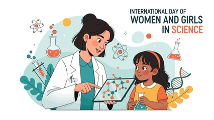 Illustration of a female scientist and a young girl analyzing data on a tablet for Women and Girls in Science Day with educational science illustrations in the background.