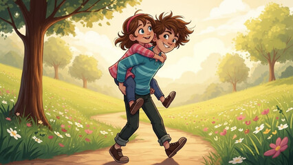 Brother giving sister piggyback ride on a sunny day walking on a path through a field of flowers childhood fun and family bonding