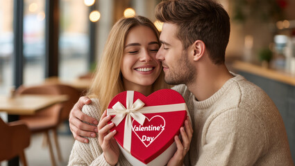 Smiling couple celebrating Valentine's Day in a cozy cafe, holding a red heart-shaped gift box with ribbon. Romantic and joyful moment.