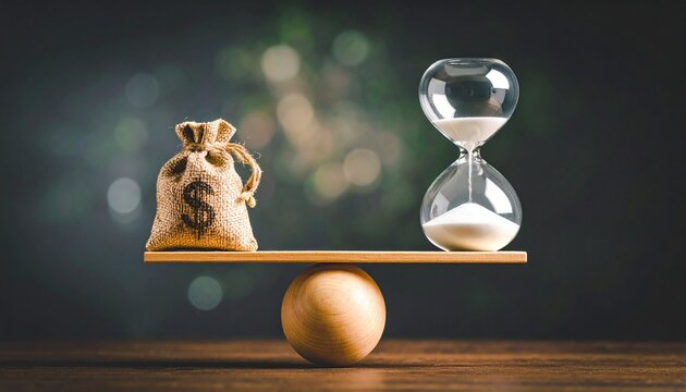 Balanced plank with dollar sack and hourglass over warm blurred background