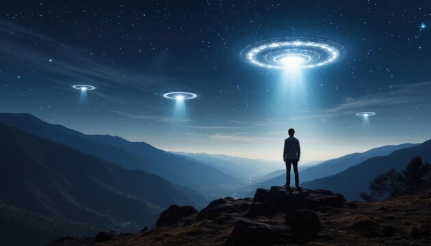 Man watching ufos above mountains