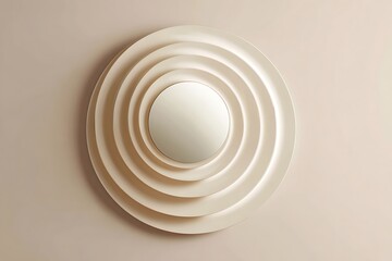Fototapeta premium A layered round mirror with concentric metallic rings, soft cream backdrop, futuristic and stylish