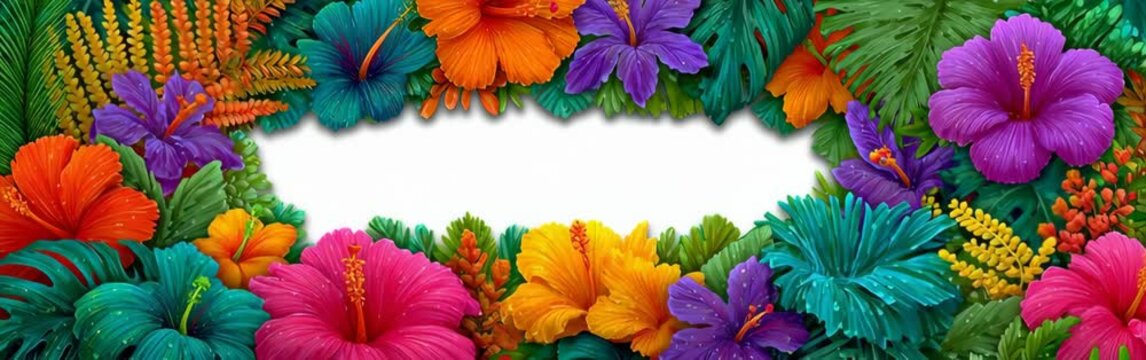 Vibrant tropical flower border frames a bright white center with colorful, lush petals. Rich tones!!