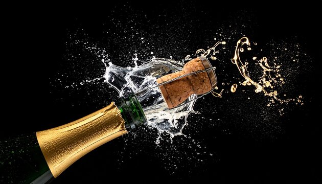 Champagne bottle popping with cork and splash against a black background, celebration concept.