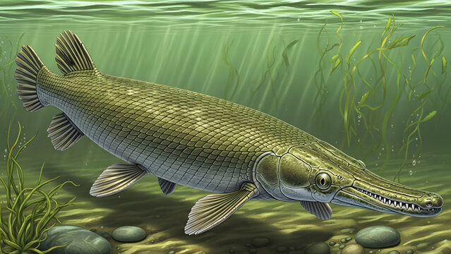 Large primitive alligator gar fish swimming in freshwater environment