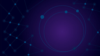 Abstract technology background with network connections, digital nodes and circular interface elements on purple gradient. Futuristic science and data visualization concept with copy space.