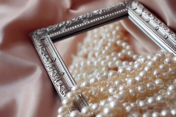 A mirror framed with pearl-like beads, soft pastel backdrop, elegant and luxurious