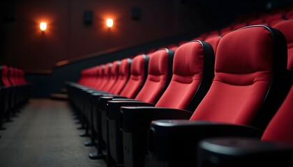 Empty Red Cinema Seats Rows Auditorium Movie Theater Dark Atmosphere