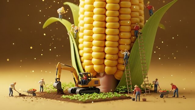 Miniature Farmers Diligently Cultivating and Harvesting a Bountiful Giant Corn Cob, Symbolizing Collaborative Agricultural Efforts and Food Production Processes