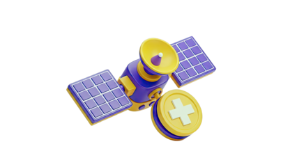 3D Cartoon Satellite with Solar Panels and Coin