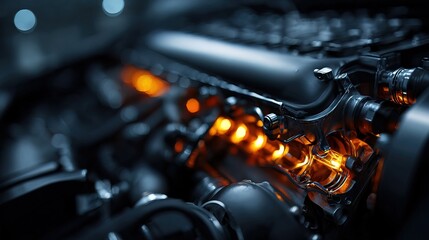 Detailed Close Up Shot of Modern Car Engine Compartment with Orange Glow