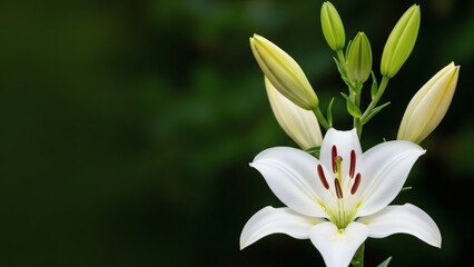 Obraz premium Elegant White Lily Blossom Delicate Beauty with Dark Green Background.