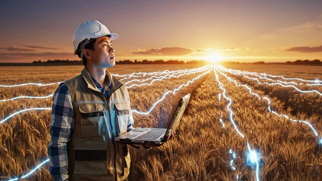 A man in a white hard hat and vest standing in a field of wheat during sunset with a laptop and glowing lines