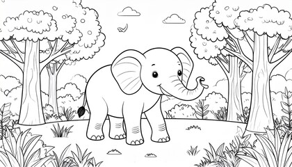 Charming Elephant in a Forest Coloring Page - A Delightful Illustration for Creative Fun.