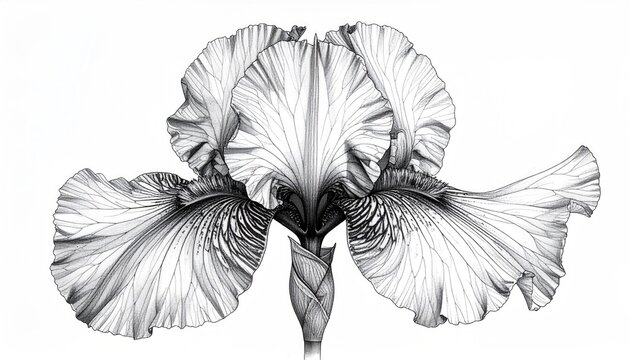 Detailed Black and White Iris Flower Illustration Against a White Background Delicate Petals and Intricate Vein Patterns Showcasing Botanical Artistry