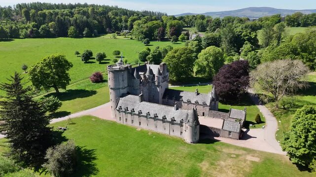 Drone view of Castle Fraser historic tower house, Aberdeenshire, Scotland, UK