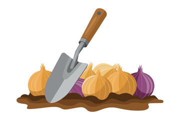 A cartoon illustration of a shovel and onions in the dirt, representing gardening and cultivation.