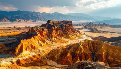 Expansive Desert Landscape With Jagged Rock Formations Under Dramatic Sunlight And Clouds In A Remote Wilderness