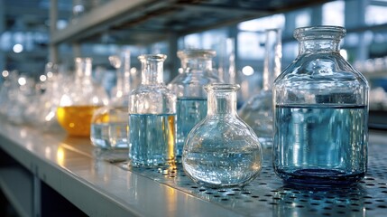 Clear Glassware with Colorful Liquid Arranged on Shelf in Laboratory