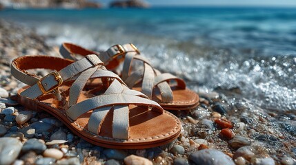 Relaxing Summer Close Up Sandal Footwear on Beach Vacation Lifestyle