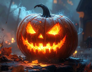 Spooky carved pumpkin glowing against a misty, dark backdrop